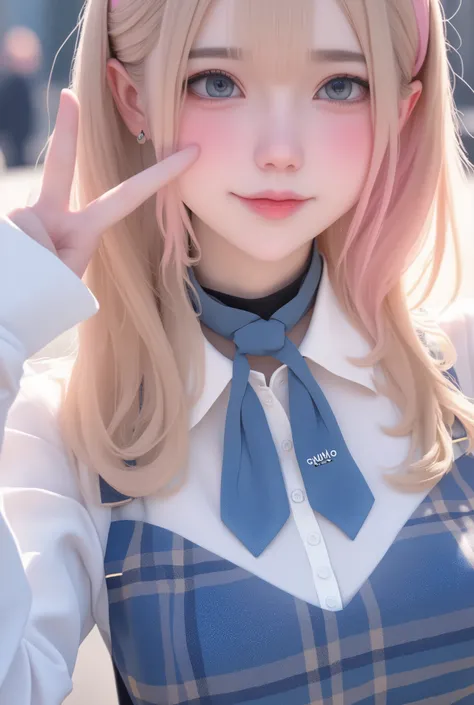   anime style illustration ,  Photorealism, One girl ,   long blond hair and pink tips ,  playful poses , Wink and smile , Hands making a V sign near the eyes, Wearing a white shirt、Im rolling up my sleeves,  BLUE PLAID SKIRT, Loose blue tie, Black choker ...