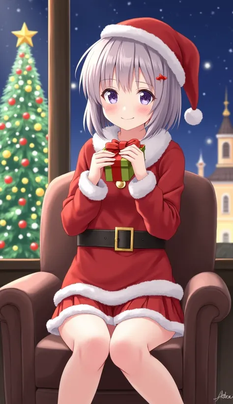 Anime Images、 Japanese girl、、Short hairstyle 、 very beautiful in a chair 、Smiling face、 Santa Claus clothes、 mini skirt Santa 、 Miniskirt 、 a present、Christmas night background 、bustling christmas city background、