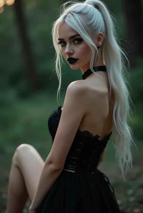 RAW photo. 20 years old, white blonde, long  straight ponytail, sexy smiling, nature full lips, blue eyes, black mascara, black eyeshadows, sexy black corset lace ghotic dress,European, full body shot from the side with one leg raised and bent backwards, s...