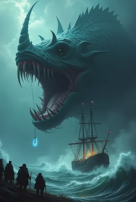 During the Age of Discovery, during a rough storm in the sea, a giant angler fish appeared at the bow of a ship, swinging a glowing lure.