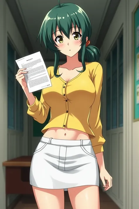 Sakurai sensei, female teacher, anime mature tempting face, Sharp eyes, dark green wavy hair, side pony, low tied pony tail, yellow blouse, white tight mini skirt, tall body, showi g bill of divorce to camera