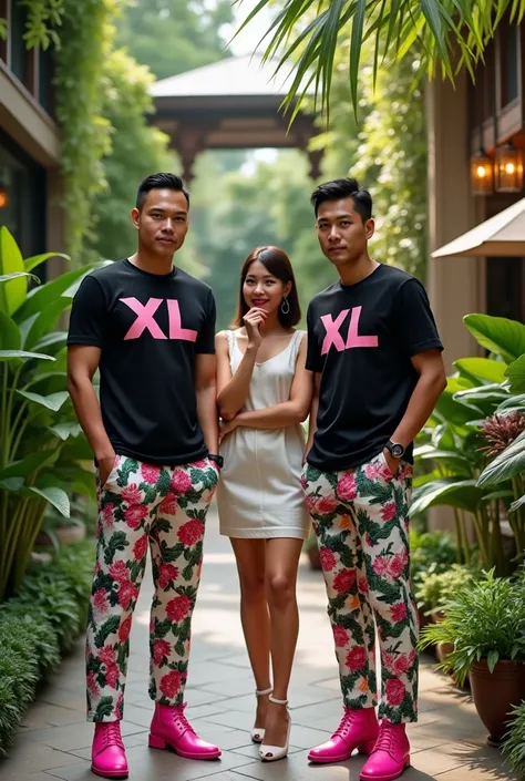 Full distance 2 short haired asian indonesian men fast blue white sweet macho. Wearing a black t-shirt with a name written on it "XL", wear colorful floral  and wear pink high heels.  Full of distant medium stylish cutie holding her chin in the middle of t...