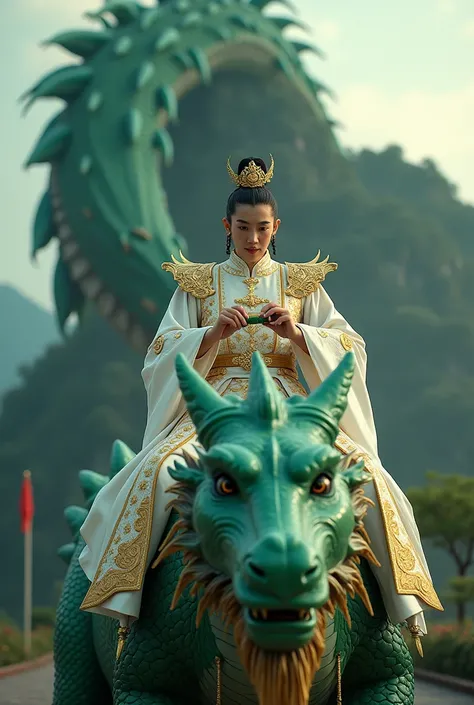  Hyper realistic fhoto in the broad view of a random man of the Indonesian emperor,  face facing the camera ,  wearing a white gold patterned war suit , arm ornament ,  blowing a green jed flute in gold , sitting behind the head of a green giant dragon . T...