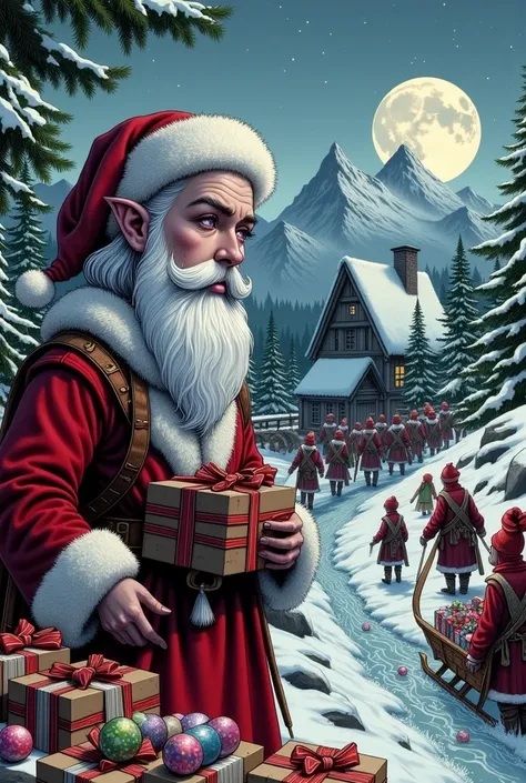 (Ultra-detailed face, Looking away, Fantasy Illustration with Gothic, Rich tone colors.), BREAK 
(This is the village of Santa Claus in a fantasy world. A very cold coniferous forest is near the village, a small waterfall is on a mountainside a short dista...