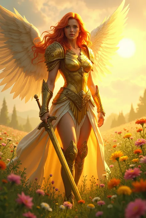 buff female sun themed summer angelic  paladin with copper colored hair wearing golden armor and a golden sword with a cherubic face standing in a lush sunny field with colorful spring wildflowers