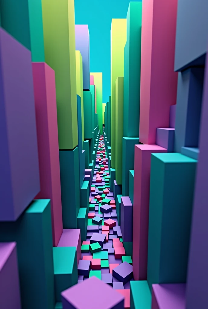   The perspective is parallel to the building ，Aerial view from a high floor，Depth， A stylized low polygon minimalist cityscape， High-rise buildings and stairs made of green and purple squares ， creates an abstract cityscape . The sky is dark blue  ,   in ...