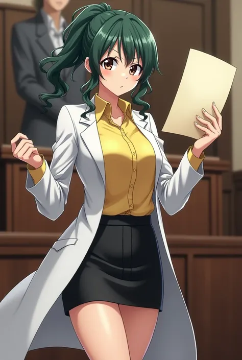 Sakurai sensei, female teacher, anime mature face, Sharp eyes, dark green wavy hair, side pony, low tied pony tail, lab coat, yellow blouse, black tight mini skirt, tall body, in the court, show bill of divorce to camera 