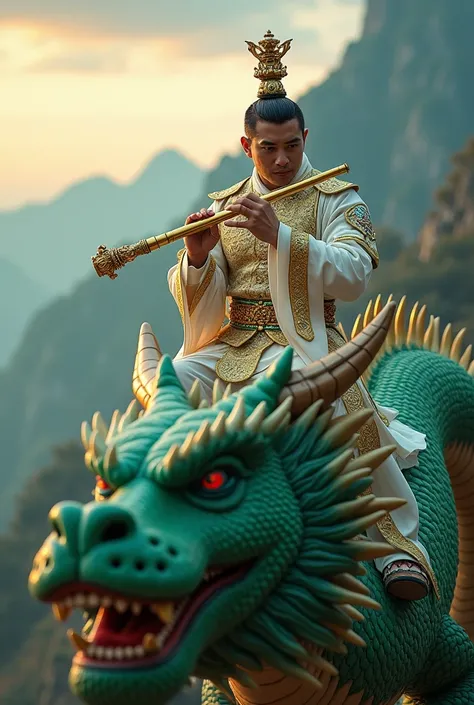  Hyper realistic fhoto in the broad view of a random man of the Indonesian emperor,  face facing the camera ,  wearing a white gold patterned war suit , arm ornament ,  blowing a green jed flute in gold , sitting behind the head of a green giant dragon . T...