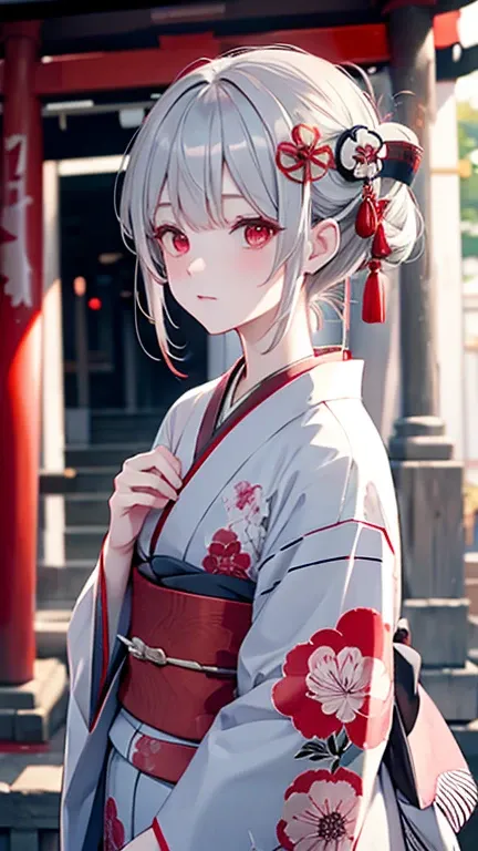 woman　kimono　shrine　Gray Hair　Red Eye