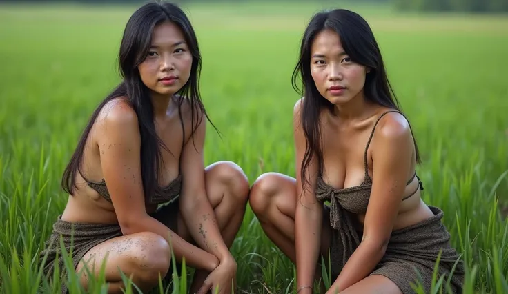 two Thai Karen young womens, 25-30 year old, wearing a half-body sarong, a small piece of cloth around the chest, bare upper body, beautiful face, very large breasts, big buttocks, a slender waist, weighing 65 kilograms, sitting squat in a rice field, cove...