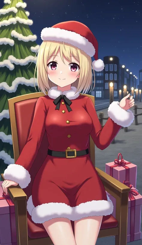 Anime Images、 Japanese girl、、Short hairstyle 、 very beautiful in a chair 、Smiling face、 Santa Claus clothes、 mini skirt Santa 、 miniskirt 、  have big Christmas presents、Christmas night background 、field、There are a lot of people 、bustling christmas city ba...