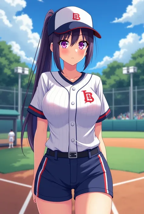 Japanese animation style、 high school girl、Baseball uniform 、 Baseball Cap 、 Practice Area、Dark Purple Long Hair、single ponytail、 purple pupils、 full breasts 、From Taiwan、shorts