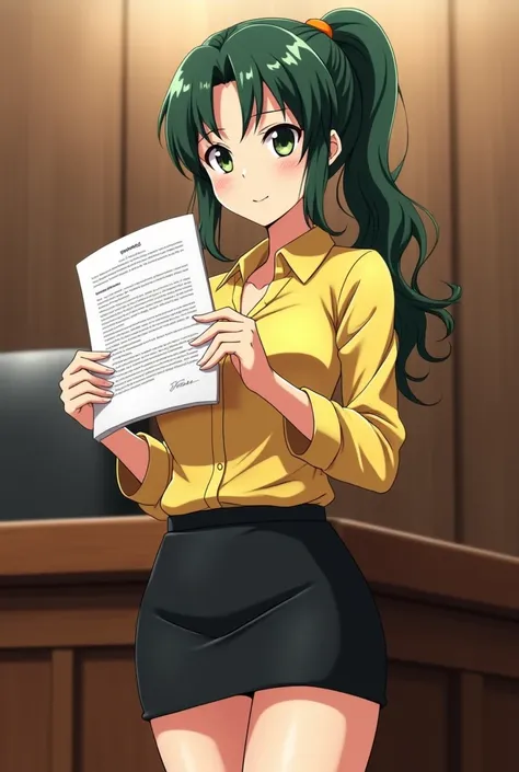 Sakurai sensei, female teacher, anime mature smiling face, Sharp eyes, dark green wavy hair, side pony, low tied pony tail, yellow blouse, black tight mini skirt, tall body, in the court, show bill of divorce to camera 