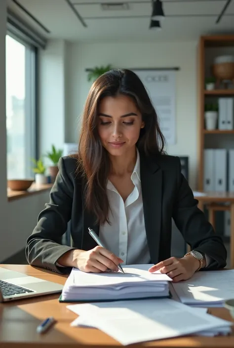 A Pakistani Girl Sitting in Office age 26 look busy in office taking office files