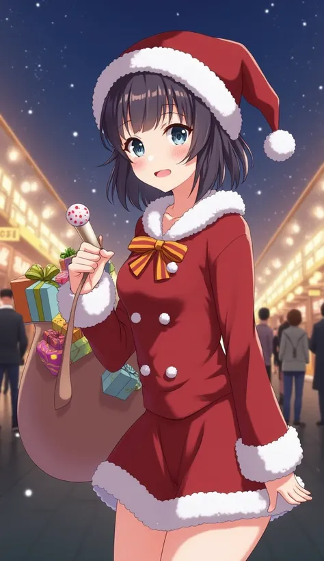 Anime Images、 Japanese girl、、Short hairstyle 、 very beautiful  、Smiling face、立っている、 Santa Claus clothes、 mini skirt Santa 、 miniskirt 、  have big Christmas presents、Christmas night background 、field、There are a lot of people 、bustling christmas city backgr...