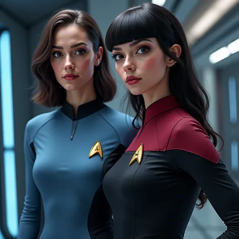 Dr Spock Star-trek next to a girl "Zoe Saldana" with dark brown wavy mid-length hair, with bangs, With dark brown almond-shaped eyes and a pinkish complexion, thin red lips and with the medical uniform as Star-Trek