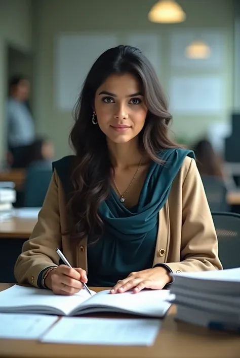 A Pakistani Girl Sitting in Office age 26 look busy in office taking office files wearing shalwar kameez coat