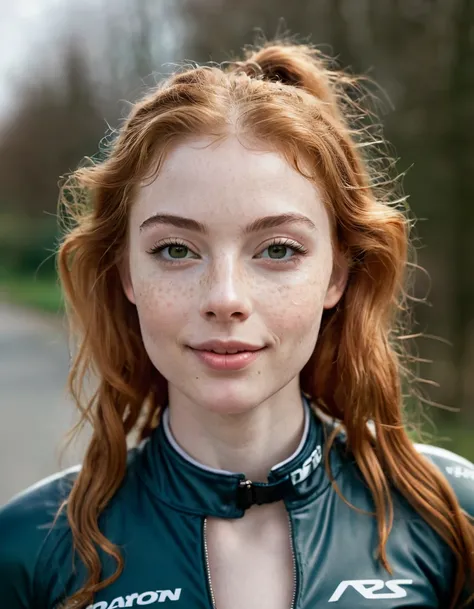  medium body portrait photograph of a very beautiful and realistic girl, completely naked ,  naken, bared , NAKED, ,  Riding a sports bike , 18 years old,  porcelain skin, very light skin,  very pale skin, redhead, wavy,  ponytail,  Detail of freckles on t...