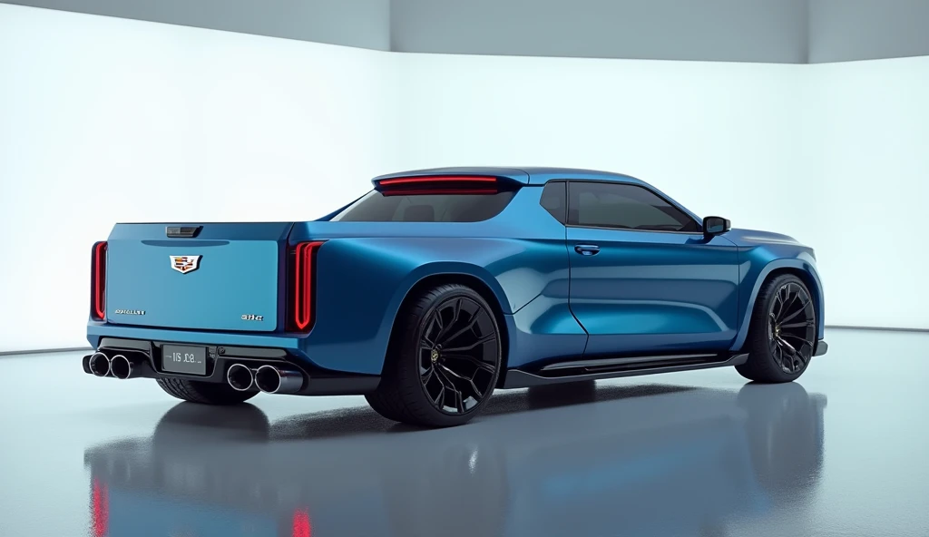 "A futuristic (2025 Cadillac C150 pickup truck) with a vintage design inspired by classic pickups, featuring smooth retro curves, round headlights, and chrome accents. The truck should have a glossy( Blue )body with a sleek, modern touch. The setting is a ...