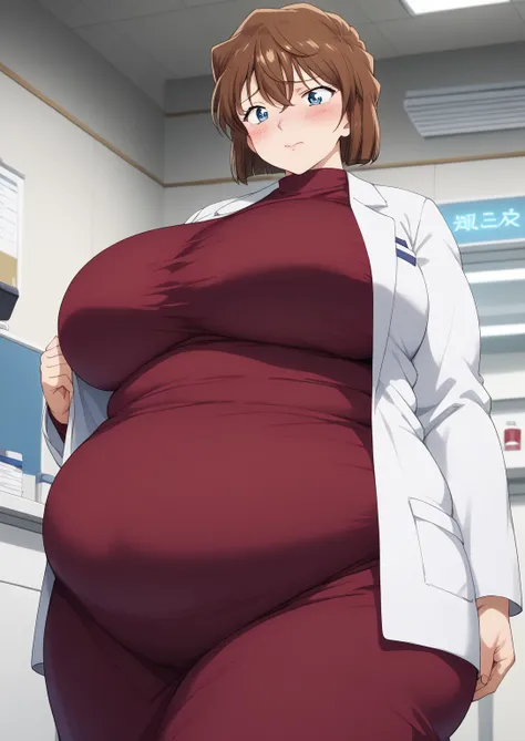 Shiho Miyano, Miyano Shiho, short hair,Brown Hair, blue eyes,hair between eyes,lab coat, Mulberry dress, long sleeve dress, mini skirt dress, score_9,   score_8_ up,   score_7_ up,   score_6_ up,   score_5_ up,   score_4_ up,     masterpiece   ,   top qual...