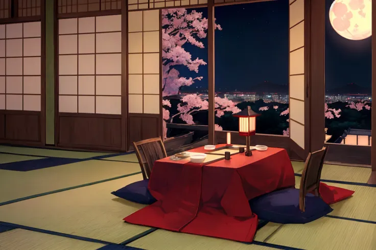 japan , night, lots of details ,  japanese restaurant inside  , no people, many restaurant tables and chairs, fantasy，quietness，cozily，Sateen，japan lamplight, full moon, city view window