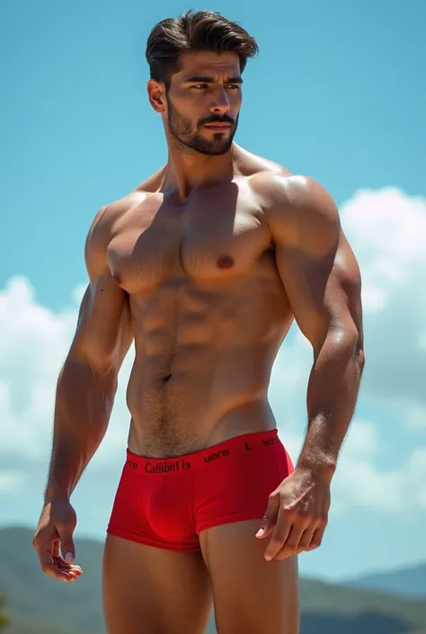  handsome Brazilian man , beautiful, high,  slightly muscular ,  defined muscles , detailed fingers,  body hair,  straight slightly wavy hair ,  detailed blue eyes , seductive look,  wearing red cotton briefs with bulky bulge, pés descalços com detailed fi...