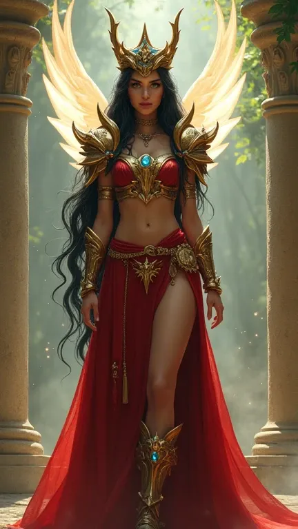 A stunning fantasy character stands confidently in a mystical, ancient setting, exuding an aura of strength and elegance. She has long, flowing black hair adorned with a golden crown featuring intricate, spiked designs, resembling a queen or warrior goddes...