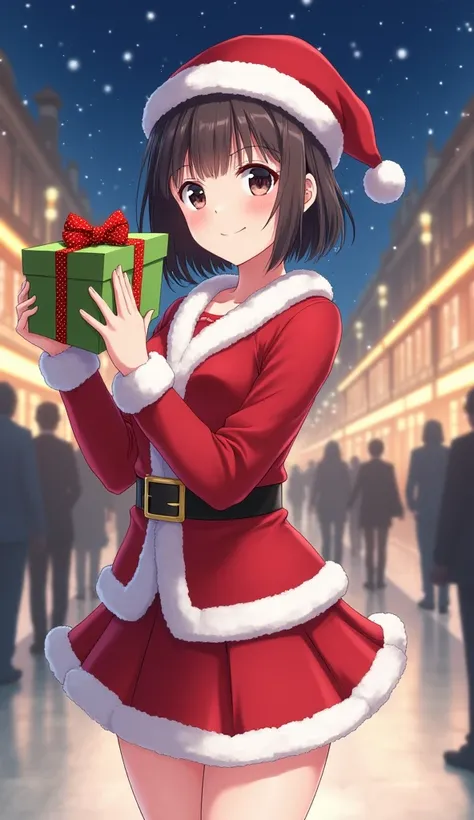 Anime Images、 Japanese girl、、Short hairstyle 、 very beautiful  、Smiling face、立っている、 Santa Claus clothes、 mini skirt Santa 、 miniskirt 、  have big Christmas presents、Christmas night background 、field、There are a lot of people 、bustling christmas city backgr...