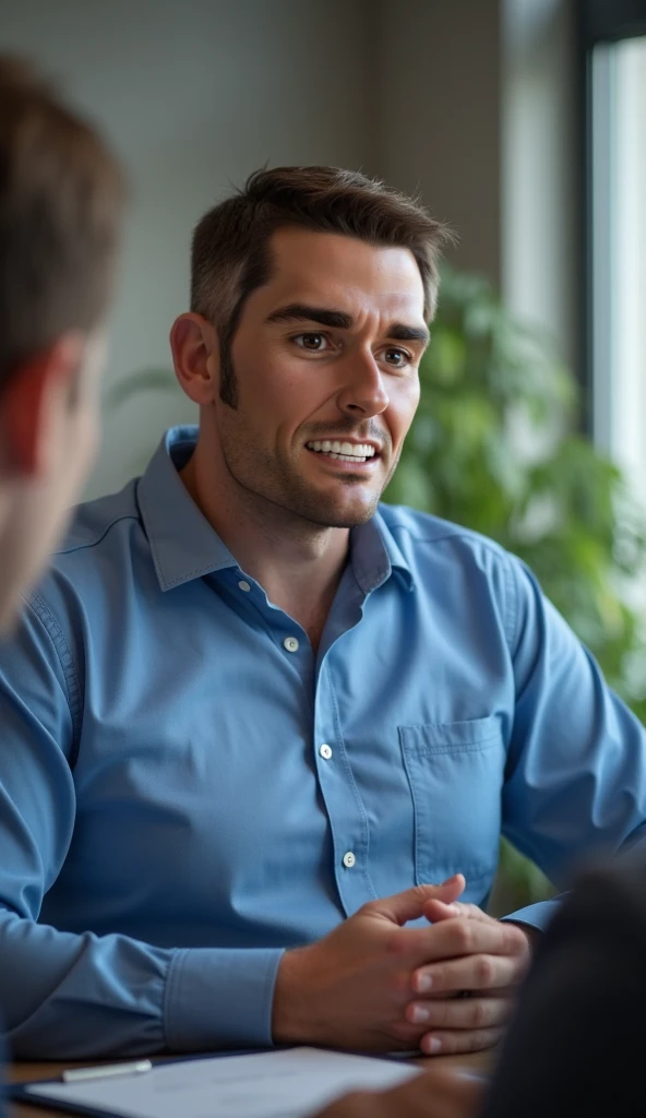 the blue shirt guy try to speak carefully