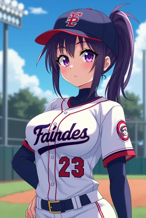 Japanese animation style、 high school girl、Baseball uniform 、 Baseball Cap 、 Practice Area、Dark Purple Long Hair、single ponytail、 purple pupils、 full breasts 、From Taiwan