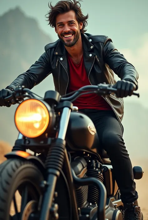 A vibrant, free-spirited male in his prime, straddling a powerful motorcycle. His black pants hug his legs, leading down to a pair of sturdy black boots that seem to have seen countless miles of asphalt. Above, a crimson red shirt peeks out from beneath a ...