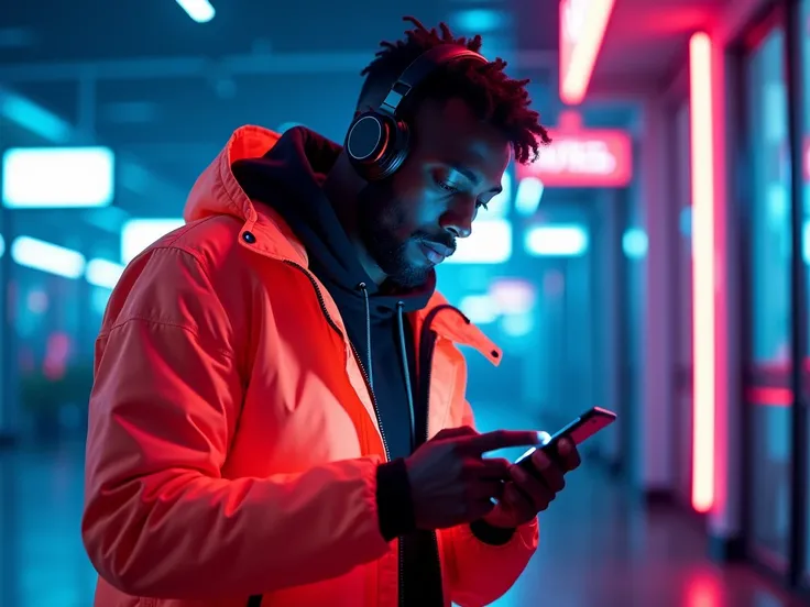 a man. Wearing headphones and texting Mucil in his neon-lit Jacket