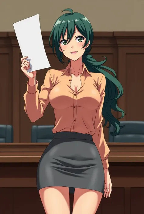 Sakurai, anime mature smiling face, tempting lips, Sharp eyes, dark green wavy hair, side pony, low tied pony tail, peach blouse, grey tight mini skirt, tall body, front look, in the court, showing bill of divorce to camera, full body, very long legs