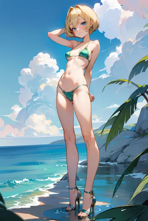 (1 girl who is petite, thin, and has normal breasts),( cute pose),( blond short bob hair ),( blue eyes),(Metallic green bikini 、 high heels),(cloud),(Too many drops of water),（ full body view）