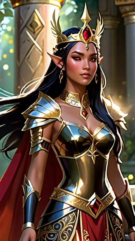 A stunning fantasy character stands confidently in a mystical, ancient setting, exuding an aura of strength and elegance. She has long, flowing black hair adorned with a golden crown featuring intricate, spiked designs, resembling a queen or warrior goddes...