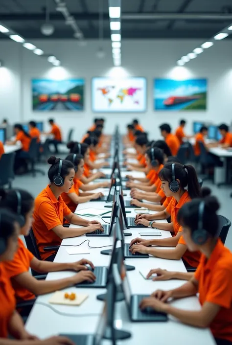  Large office with straight white tables , flat screens and office workers with orange polo with headphones, with train posters on the walls 