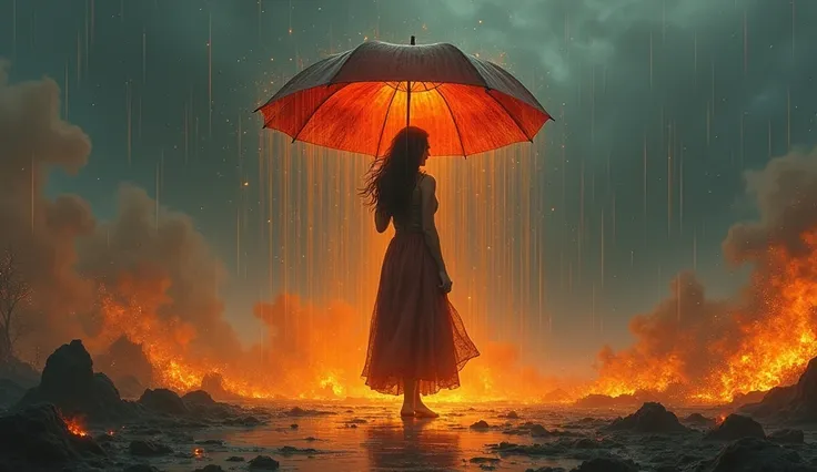 A woman protects against magmatic rain with an umbrella