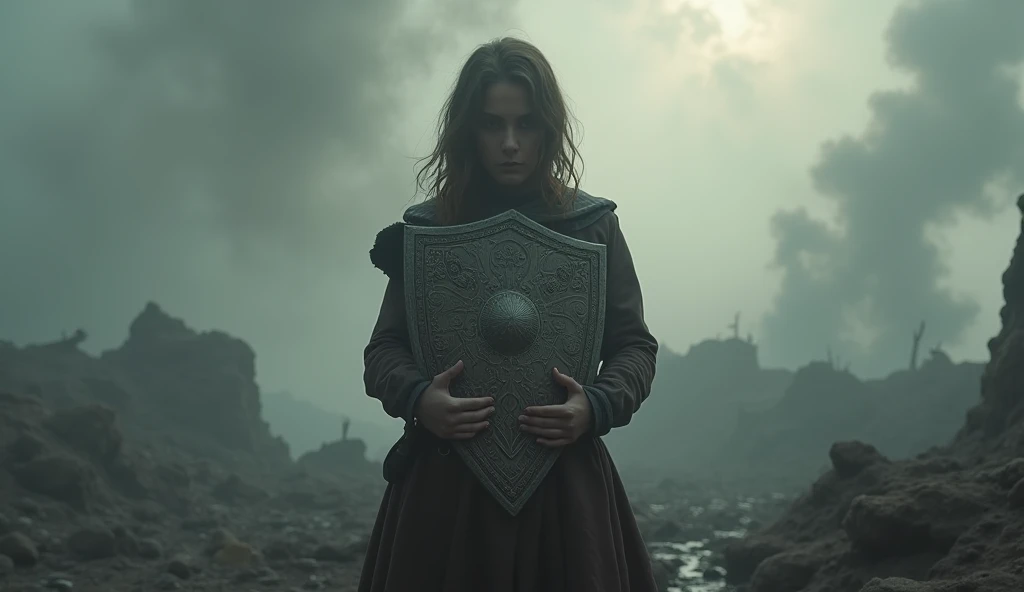 After the swords destruction, Lyra stands alone, holding a fragment of the Shield of Eos. 