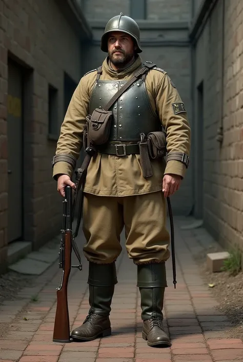  German soldier wearing breastplate. pointed helmet. Beige uniform . military boots. 20th century. RIFLE. Brick floor . 