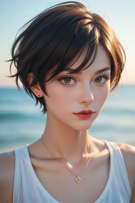 Hairstyle pixie cut　Face orientation random　 The background is the ocean 