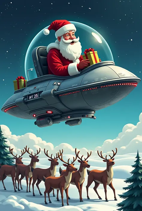 Santa Claus sits ufo in the sky giving gifts to ren