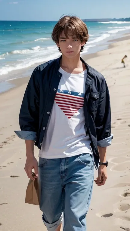 solo , 1man , American man , beach outfit , full shirt , look at the viewer ,