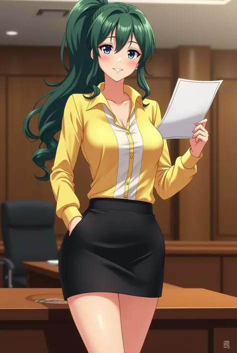 Sakurai, anime mature smiling face, tempting lips, Sharp wink eyes, dark green wavy hair, side pony, low tied pony tail, yellow blouse, black tight mini skirt, tall body, front look, in the court, showing bill of divorce to camera, full body, long legs wid...