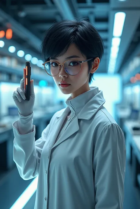 brilliant scientist, intense eyes, short black hair, glasses, lab coat, futuristic attire, high-tech gadget, sleek, confident