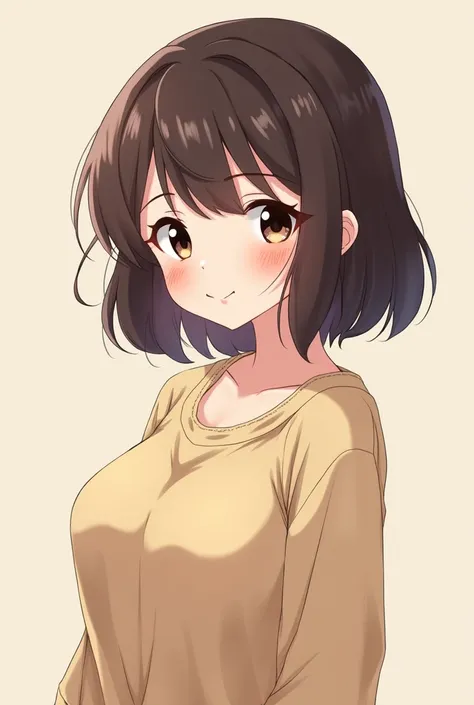 Create the image of a girl with a big body, with medium dark brown hair ,  dark brown eyes ,  anime version and that can be used as a profile picture.