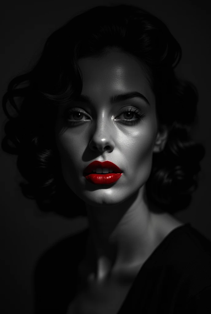 Photo noire et blanc, film noir style, Maginifique, 1fille, Seulement, demi-corps, Dramatic lighting, monochrome, high contrast, ombres dramatiques, 40s style, Mysterious, cinematic, Bright red lips (((Only lips red)))