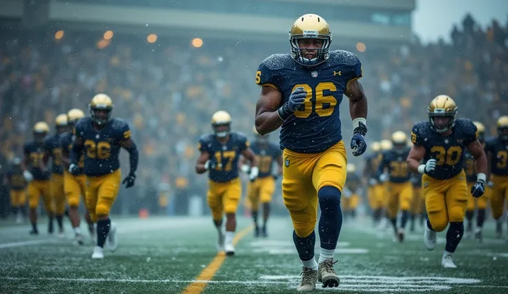 All 86 Notre Dame irish running to the playing field ,  wearing their blue and gold uniform with gold helmet with out logo, At Notre Dame  stadium filled with all the fans standing screaming, at snowing night