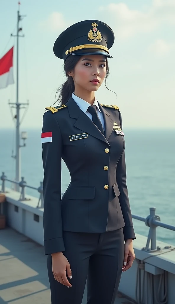 Hyperrealistic depiction of a female TNI Navy officer in a ceremonial Indonesian navy uniform with a small patch of the Indonesian flag on her right arm, standing on a modern TNI Navy warship. His strong and confident posture symbolizes dedication, with th...