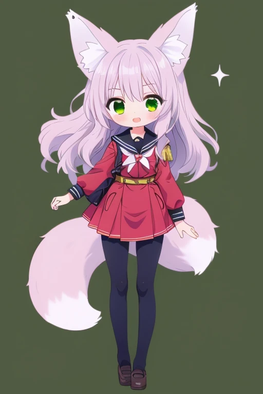 girl chibi Long Black Hair Full Body fox ears with a bell Student uniform costume  green background