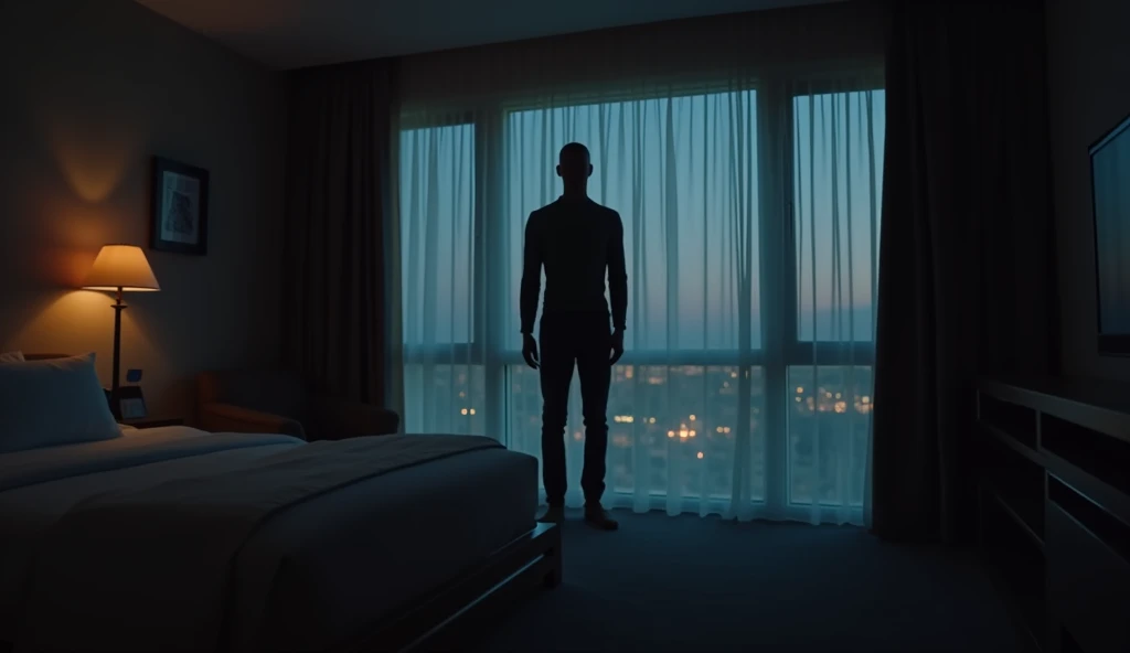 silhouette of a very tall humanoid standing in the middle of a hotel room , hyper realistic , UHD , night time